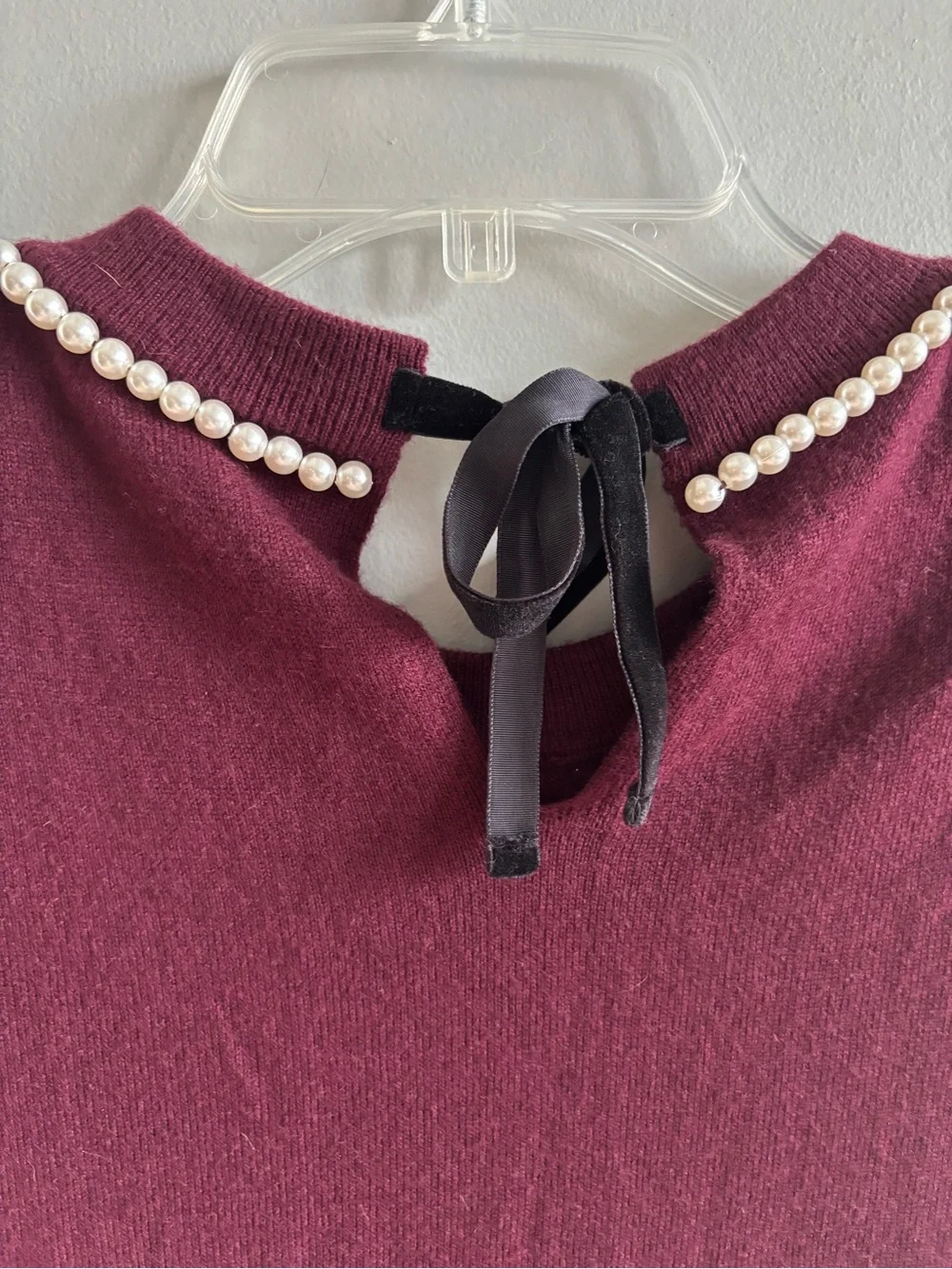 Kate Spade New York Pearl Embellished Velvet Bow Short Sleeve Sweater Burgundy M